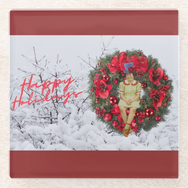 Whimsical Vintage Girl Christmas Holiday  Glass Coaster (Front)