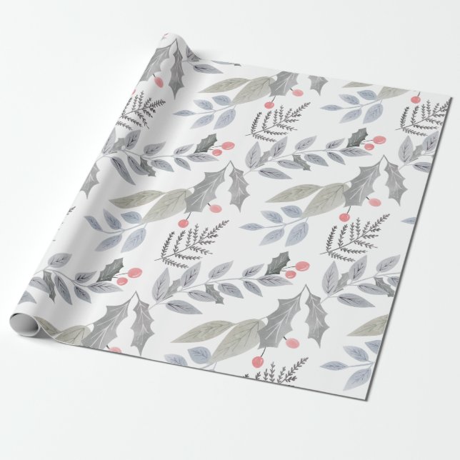 Whimsical Vintage Holly Berry Leaves Christmas Wrapping Paper (Unrolled)
