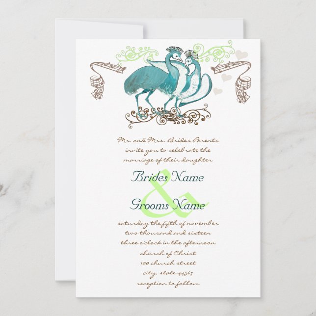 Whimsical Vintage Love Bird Wedding Invitation (Front)