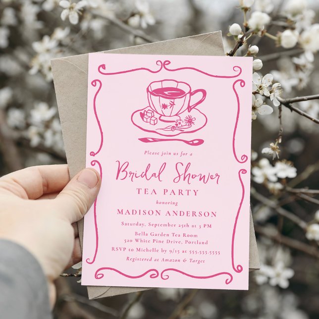 Whimsical Vintage Pink Bridal Shower Tea Party Invitation (Creator Uploaded)