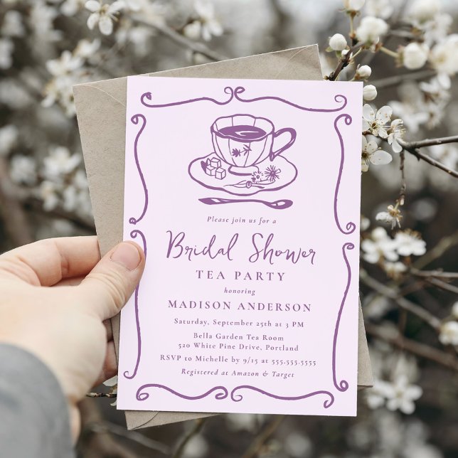 Whimsical Vintage Purple Bridal Shower Tea Party Invitation (Creator Uploaded)