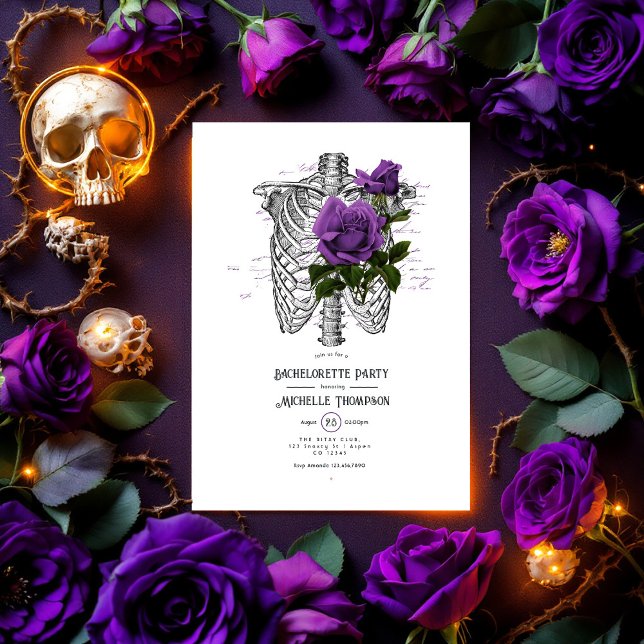 Whimsical Vintage Purple Roses Gothic Bachelorette Invitation (Purple Floral Gothic Bachelorette Party Invitation)