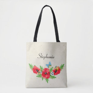 Whimsical Vintage Red Poppy Watercolor With Name Tote Bag