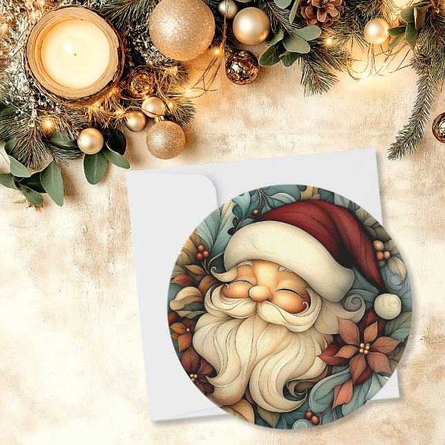 Whimsical Vintage Santa Customisable Round Holiday Card (Whimsical Vintage Santa Customizable Round Holiday Card)