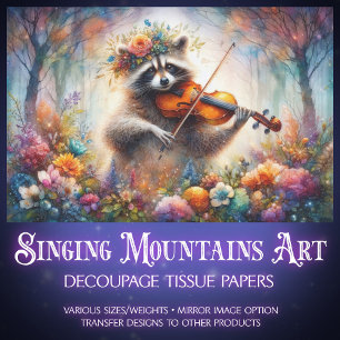 Whimsical Violinist Racoon Wildflowers Decoupage  Tissue Paper