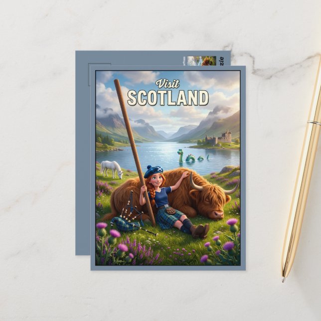 Whimsical Visit Scotland 3D Nessie Postcard (Front/Back In Situ)