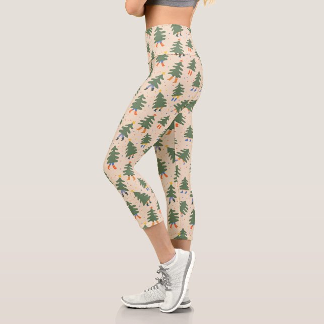 Whimsical Walking Christmas Trees Pattern Capri Leggings (Left)