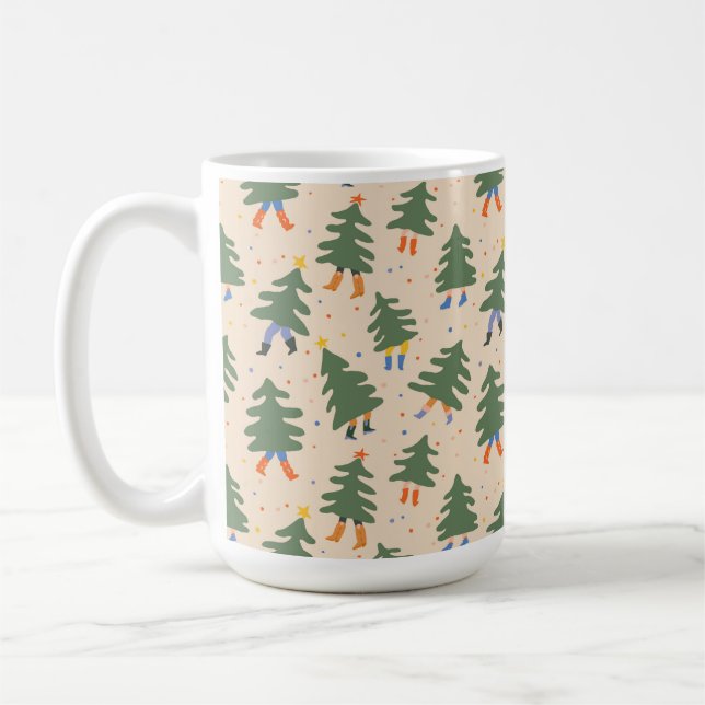Whimsical Walking Christmas Trees Pattern Coffee Mug (Left)