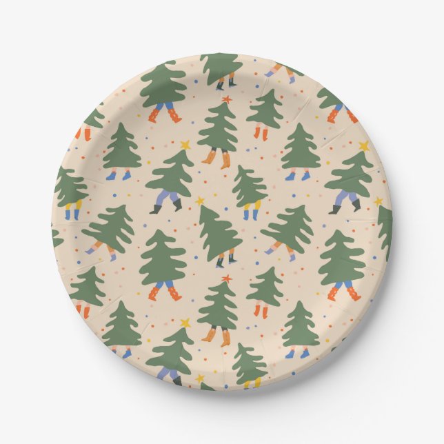 Whimsical Walking Christmas Trees Pattern Paper Plate (Front)