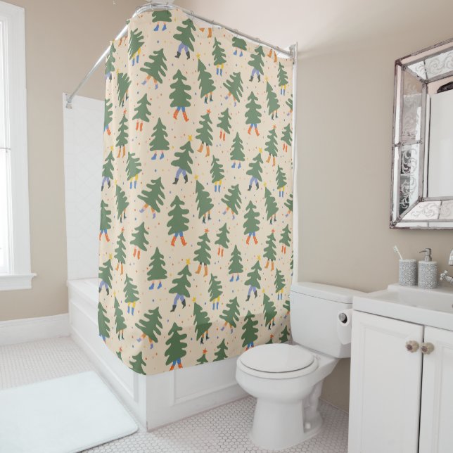 Whimsical Walking Christmas Trees Pattern Shower Curtain (In Situ)