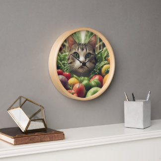 Whimsical Wall Clock with Cat and Fruit Design