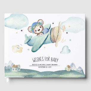 Whimsical Watercolor Aeroplane Pilot Teddy Bear Guest Book