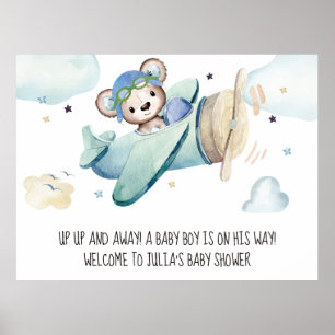 Whimsical Watercolor Aeroplane Pilot Teddy Bear Poster