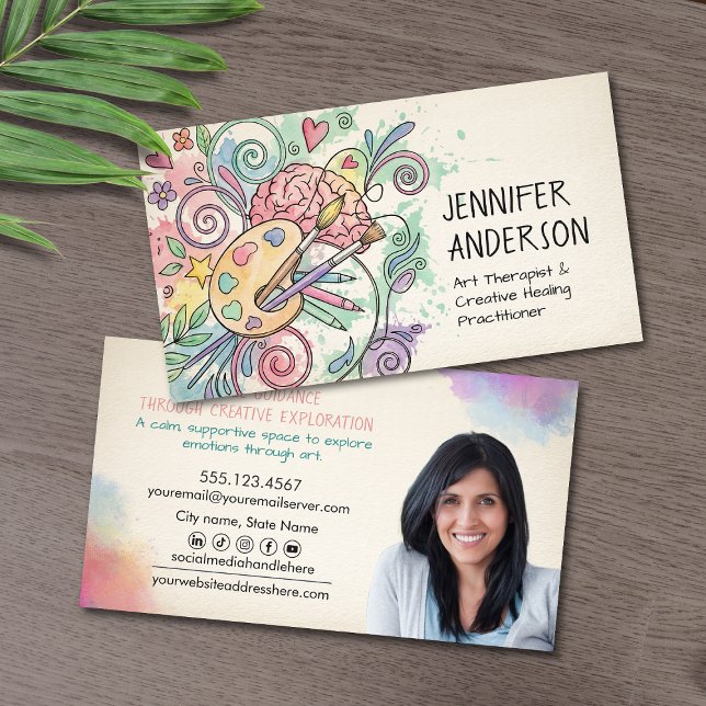 Whimsical Watercolor and pen Art Therapist  Business Card (Creator Uploaded)
