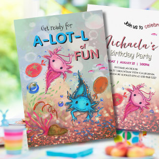 Whimsical Watercolor  Axolotl Girl Birthday  Invitation