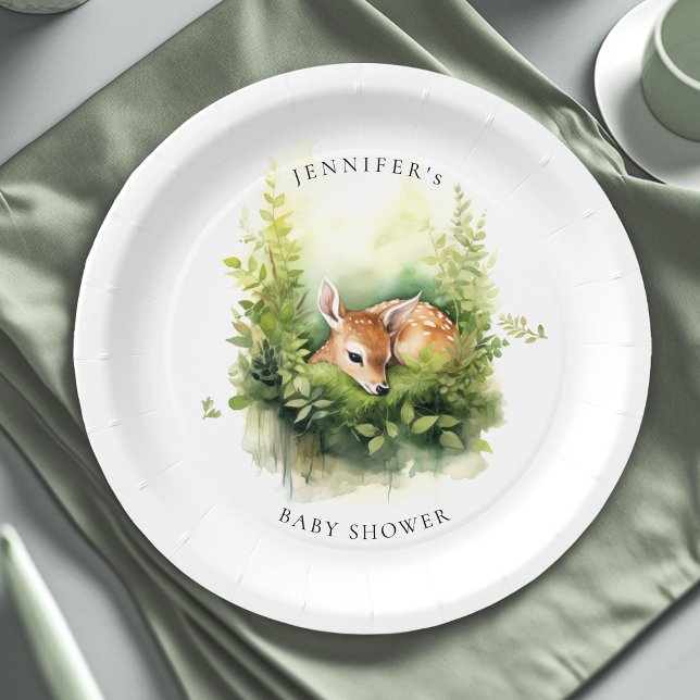 Whimsical Watercolor Baby Deer Baby Shower  Paper Plate (Creator Uploaded)