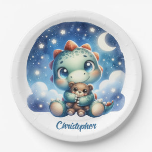 Whimsical watercolor baby dino hugging bear paper plate