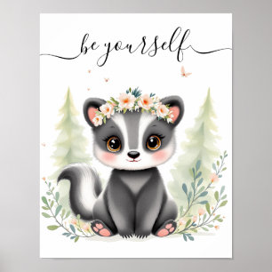 Whimsical Watercolor Baby Skunk Woodland Nursery Poster