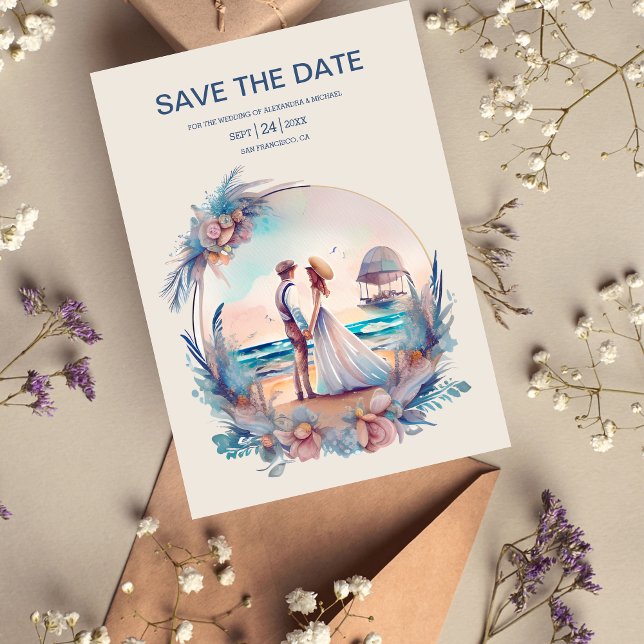 Whimsical Watercolor Beach Destination Wedding Save The Date (Creator Uploaded)