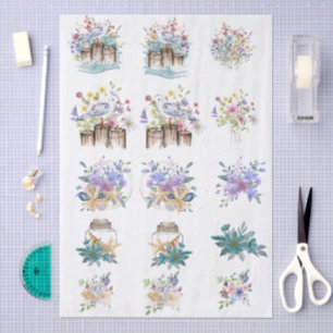 Whimsical Watercolor Beachy Florals & Shells  Tissue Paper