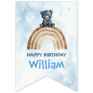 Whimsical Watercolor Bear Boy Birthday Boho Bunting