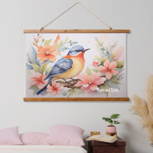 Whimsical Watercolor Bird Floral Art  Hanging Tapestry
