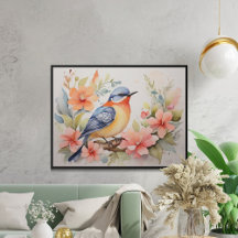 Whimsical Watercolor Bird Floral Art 