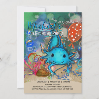 Whimsical Watercolor Blue Axolotl Boys Birthday Invitation