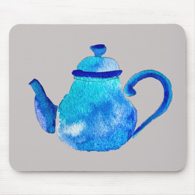 Whimsical watercolor blue teapot mouse pad (Front)