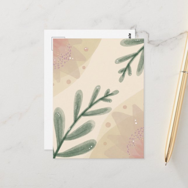 Whimsical Watercolor Boho Botanical Leaves Postcard (Front/Back In Situ)