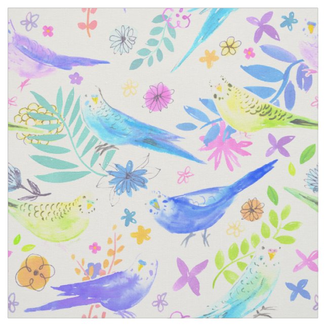 Whimsical Watercolor Budgie Parakeets Fabric (Swatch)