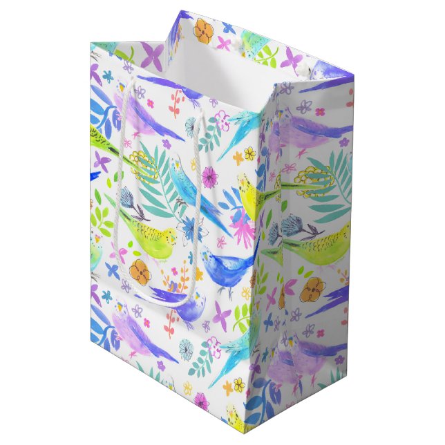 Whimsical Watercolor Budgie Parakeets Medium Gift Bag (Front Angled)