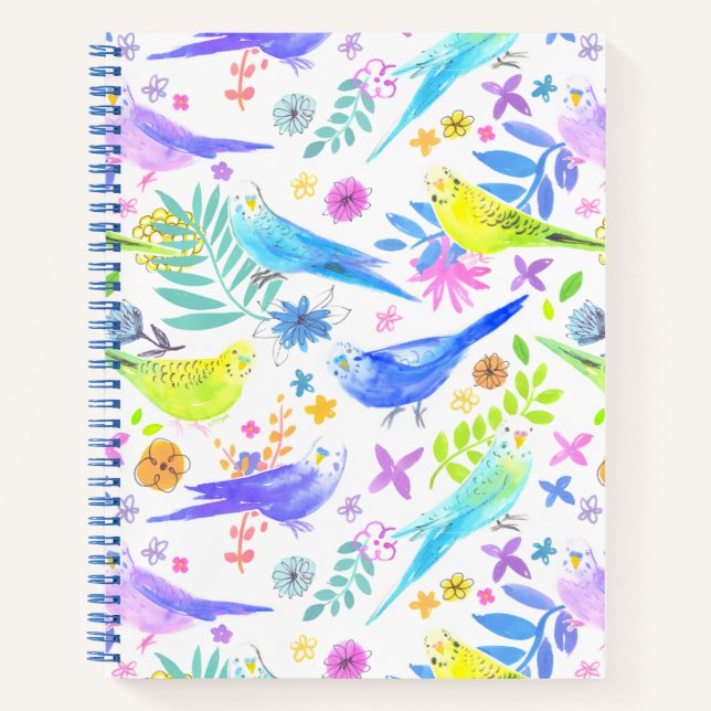 Whimsical Watercolor Budgie Parakeets Notebook (Front)