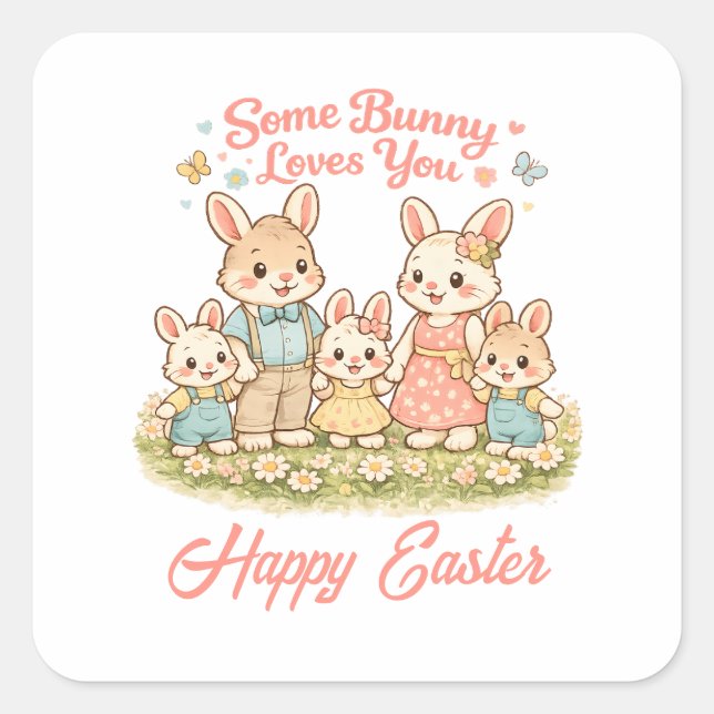 Whimsical Watercolor Bunny Family Happy Easter Square Sticker (Front)