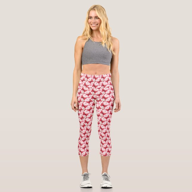 Whimsical Watercolor Butterfly and Cherry Pattern Capri Leggings (Front)