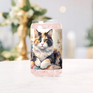 Whimsical Watercolor Calico Cat and Butterflies Can Glass