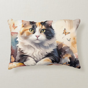 Whimsical Watercolor Calico Cat and Butterflies Decorative Cushion