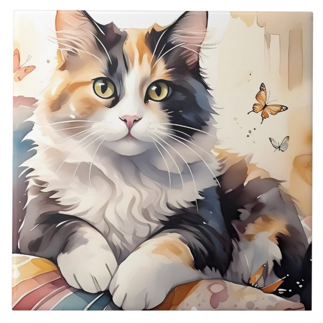 Whimsical Watercolor Calico Cat and Butterflies Tile (Front)