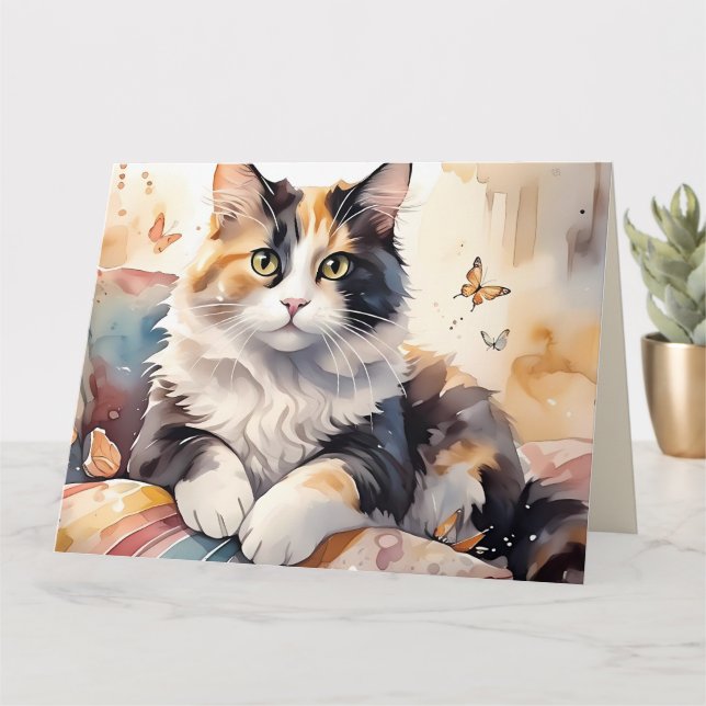 Whimsical Watercolor Calico Cat Greeting Card (Small Plant)