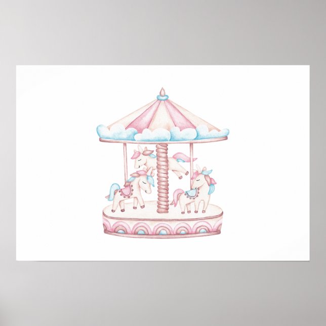 Whimsical Watercolor Carousel Unicorn Poster (Front)