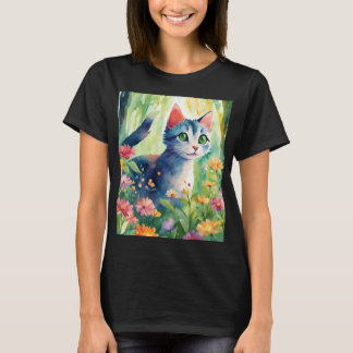 Whimsical Watercolor Cat in Floral Garden | Cute N T-Shirt