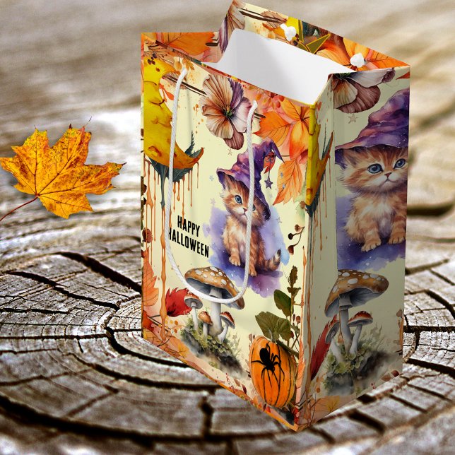 Whimsical Watercolor Cat Witch Halloween Gift Bag (Cute gift bag featuring a kitty dressed up as Halloween witch, surrounded by a colorful design)