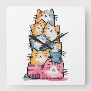 Whimsical Watercolor Cats Modern Wall Clock