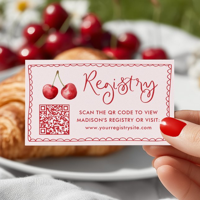 Whimsical Watercolor Cherry Baby Registry QR Code Enclosure Card (Creator Uploaded)
