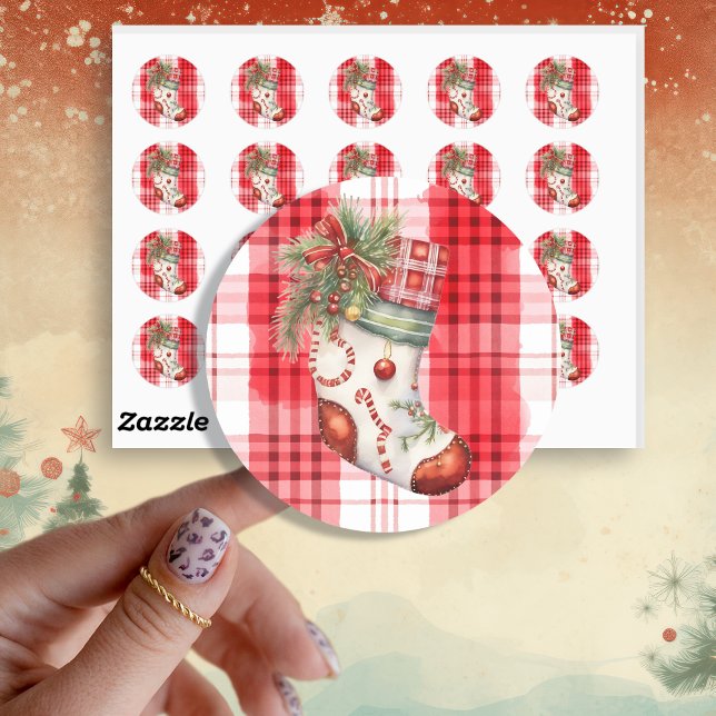Whimsical Watercolor Christmas Stocking Classic Round Sticker (Creator Uploaded)