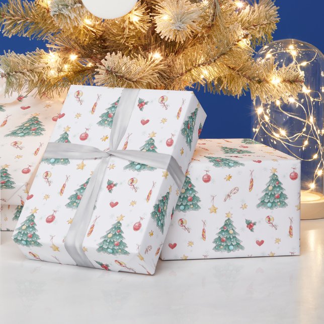 Whimsical Watercolor Christmas Tree Wrapping Paper (Holidays)