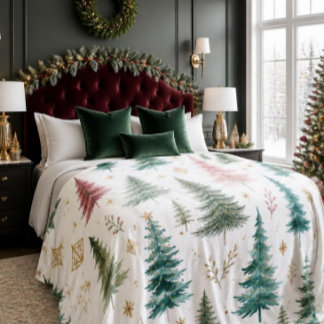 Whimsical Watercolor Christmas Trees Fleece Blanket