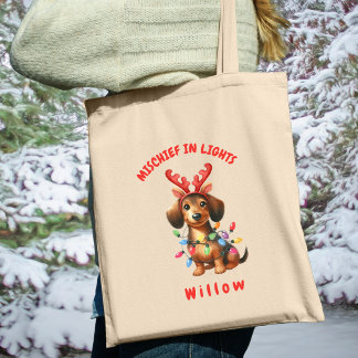 Whimsical Watercolor Dachsund Festive Lights Dog Tote Bag