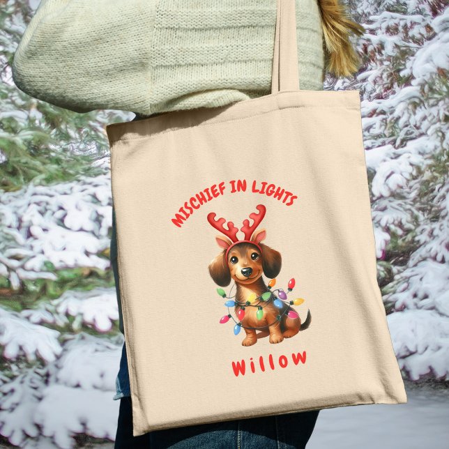 Whimsical Watercolor Dachsund Festive Lights Dog Tote Bag (Carry festive cheer with this custom fun Dachshund dog tote bag. A perfect gift for dog lovers.)