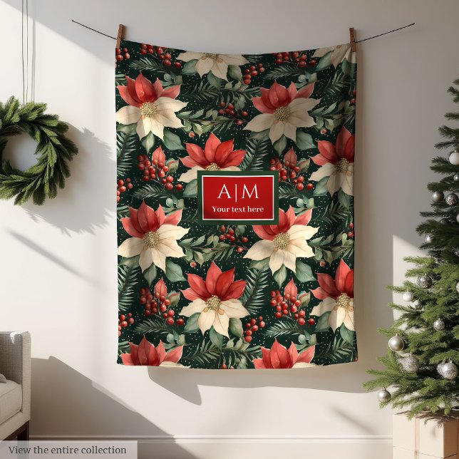 Whimsical watercolor deep red green Christmas wrap Fleece Blanket (Whimsical watercolor deep red green Christmas wrap Fleece Blanket)